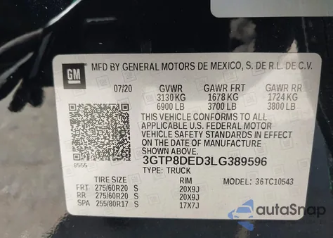 2020 GMC Sierra 1500 2Wd Short Box Slt from USA, damaged, VIN 3GTP8DED3LG389596